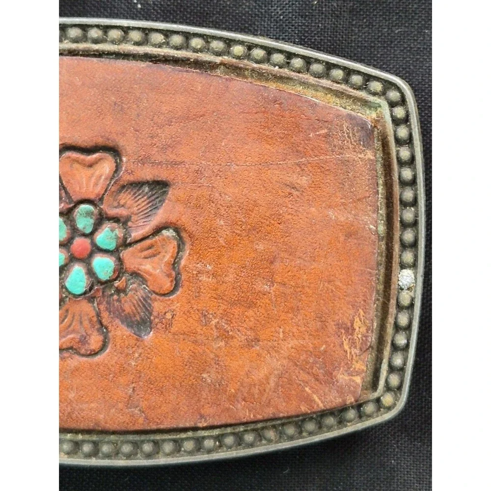 Vtg Southwestern Style Tooled Leather Inlay Belt Buckle Alumaline 4108